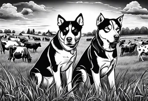 husky and pitbull looking at cows in cow pasture tattoo idea