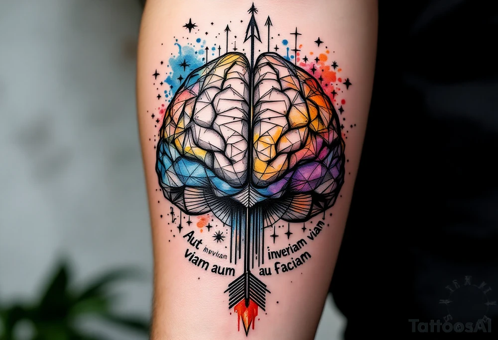 A front-seen brain in geometric and straight lines, with few watercolor details but mostly black, symbols representing intelligence, creativity and dreaming flying arround, the phrase "Aut inveniam viam aut faciam" and a detailed arrow crossing from above with watercolors leaking from its tip tattoo idea
