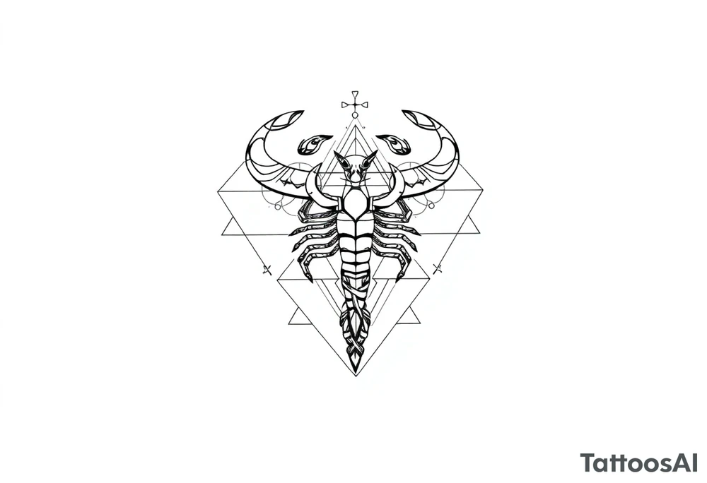 rompt:
"A single continuous fine line geometric tattoo design integrating a stylized bull (Taurus), a scorpion (Scorpio), and a figure of a maiden (Virgo). The three elements are woven together using intricate polygons, sacred geometry patterns, interlocking triangles, and sharp angles. Minimalist approach with clean lines, no heavy shading, and high contrast. The composition should be sophisticated and masculine, designed as a cohesive piece for a chest or upper arm placement. Pure black ink on a clean white backgrou tattoo idea
