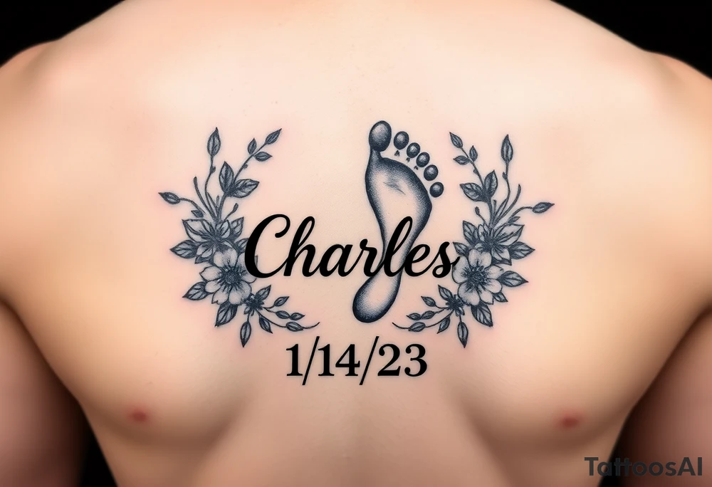 Baby footprint surrounded by the name Charles and the date 1/14/23 and floral vines tattoo idea