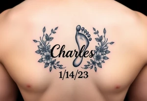 Baby footprint surrounded by the name Charles and the date 1/14/23 and floral vines tattoo idea