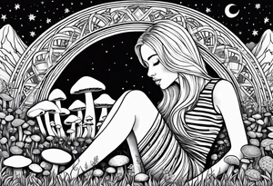 Straight blonde hair girl in black and white striped dress sleeping backward facing
in a field of mushrooms with mountains s
and crescent moon mandala background tattoo idea