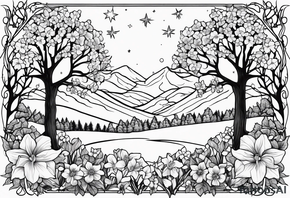 Winter sky, flowers, stars, violets, primroses, daffodil, jonquil, snow, oak tree tattoo idea