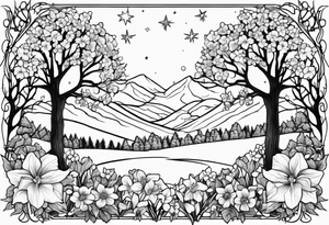 Winter sky, flowers, stars, violets, primroses, daffodil, jonquil, snow, oak tree tattoo idea