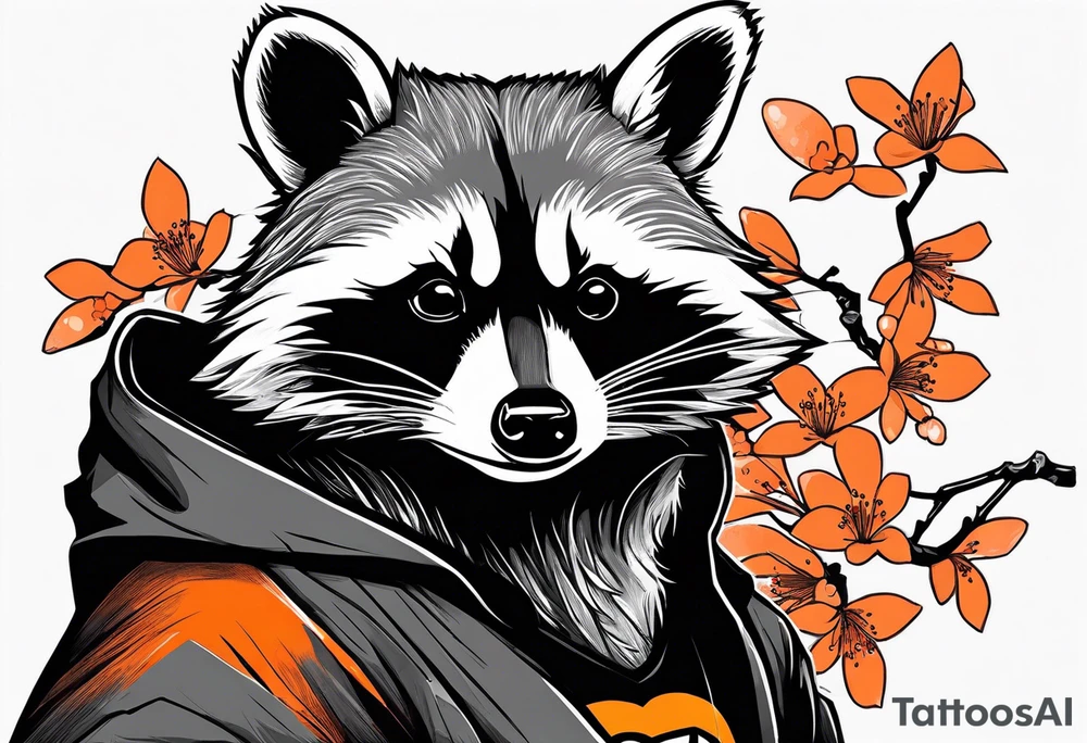 Raccoon wearing a white Superman logo on a black hoodie and orange Japanese cherry blossoms tattoo idea