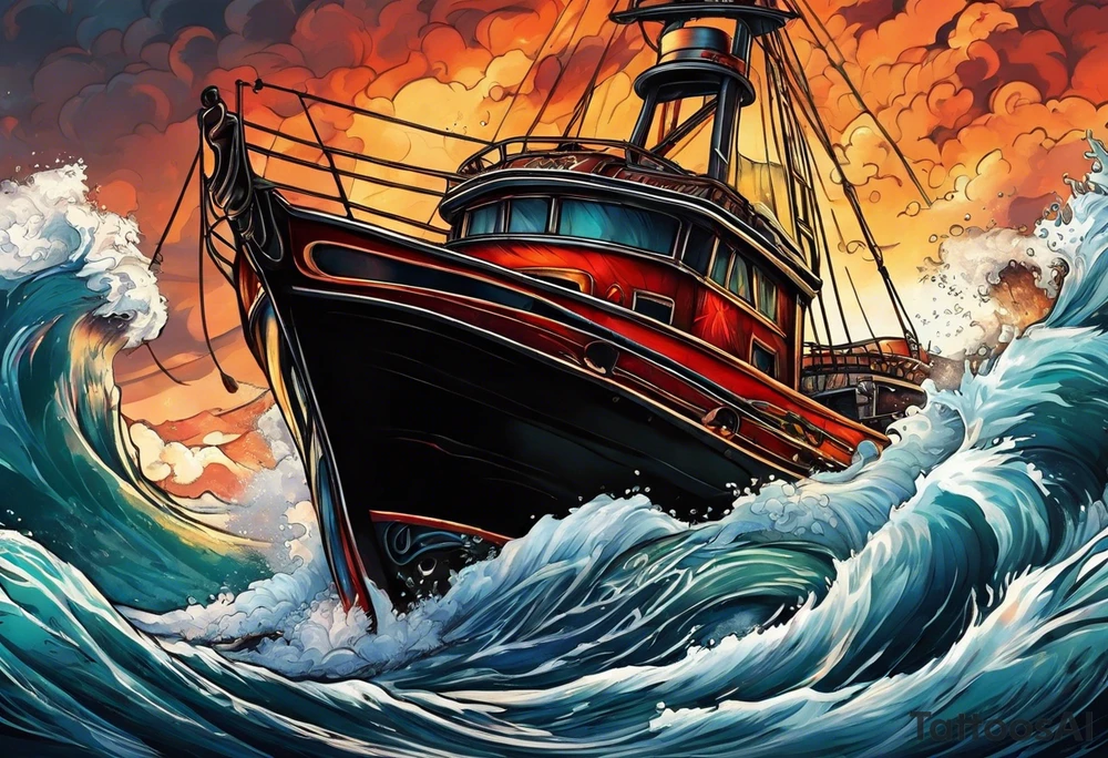 Boat in ocean of lava tattoo idea