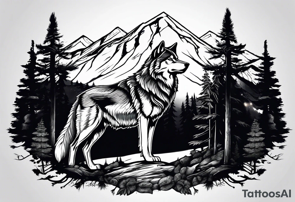 Forest and mountains in wolf body tattoo idea