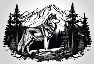 Forest and mountains in wolf body tattoo idea
