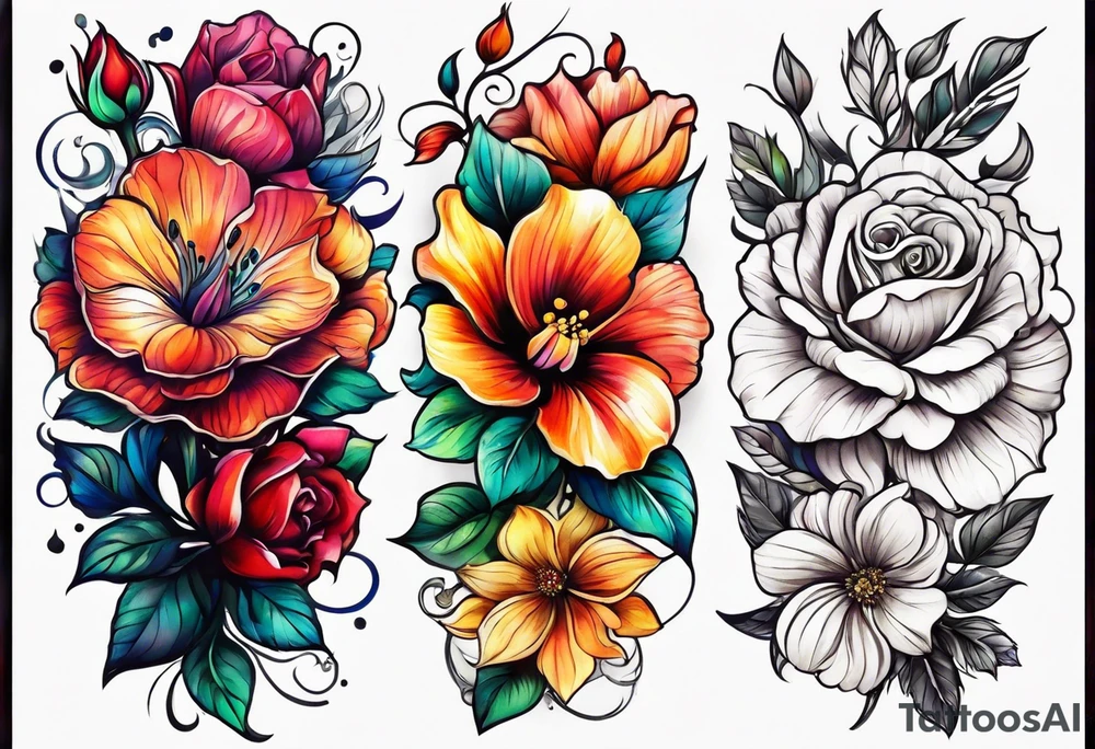 Colorful flower sleeve tattoo idea