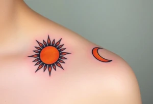 Matching sun and moon tattoos one for father and one for kid in warm orange and cool blue signify balance and harmony between father and kids. tattoo idea