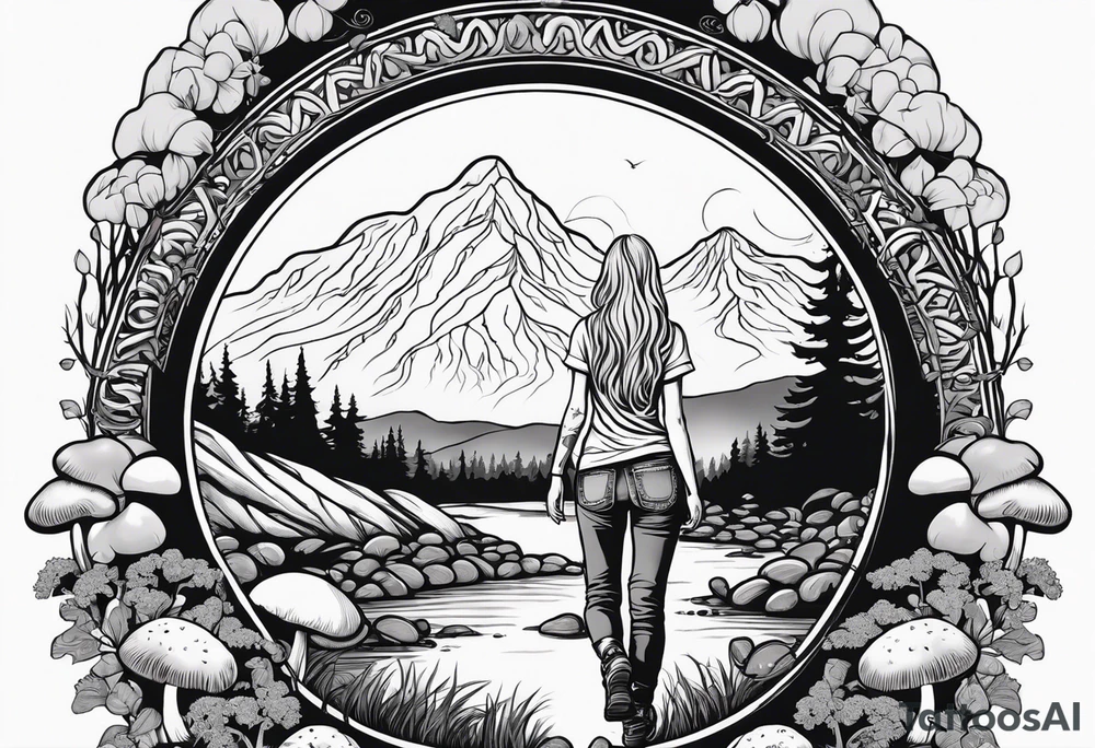 Whole picture encircled fully

Straight long blonde hair hippie girl in distance holding mushrooms in hand facing away toward mountains and creek surrounded by mushrooms long sleeve shirt and hiking pants; whole rendering within a full circle, no cut off circle tattoo idea