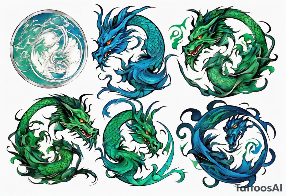 ying yang dragon blue & green tattoo idea