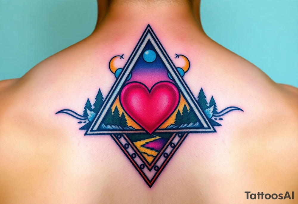 A triangle with a heart over the middle of the center and nature scene in background tattoo idea