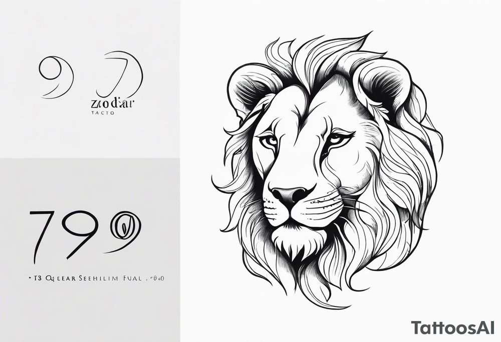 A tattoo in delicate style, so gentle. The symbol zodiac sign, Leo. The sketch should include fire, something delicate like that, and the numbers 7 and 8. tattoo idea