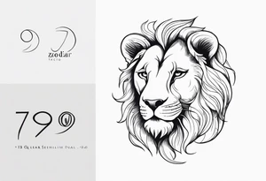A tattoo in delicate style, so gentle. The symbol zodiac sign, Leo. The sketch should include fire, something delicate like that, and the numbers 7 and 8. tattoo idea