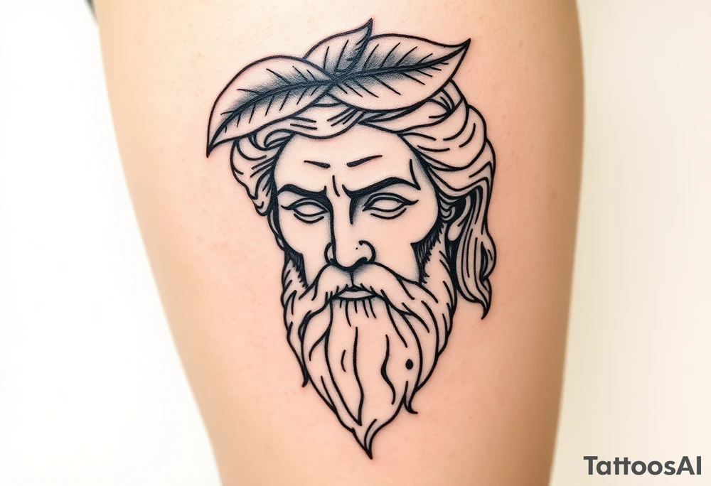 Platos Greek god only his face with a leaf on top tattoo idea
