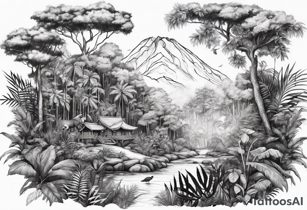 Rainforest with a lot of trees and animals roaming tattoo idea