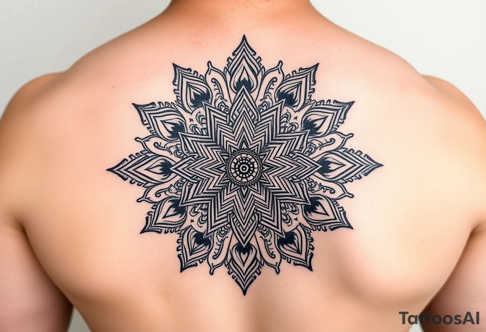 intricate mandala with sacred geometry and cosmic elements tattoo idea