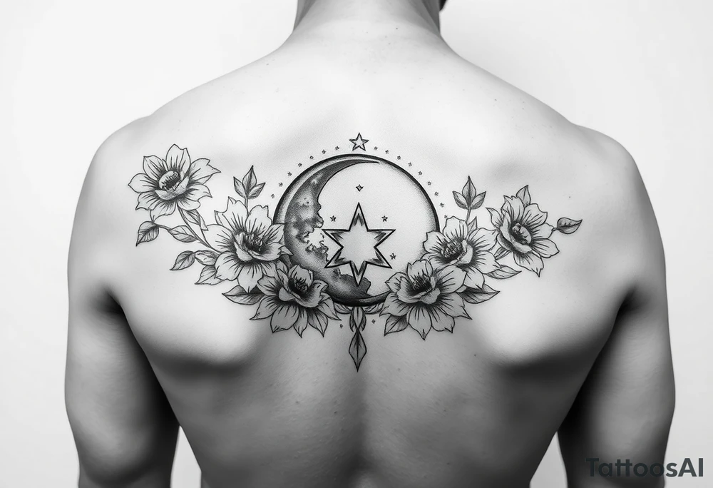 Flower sleeve surrounded by moon and star design for arm tattoo idea