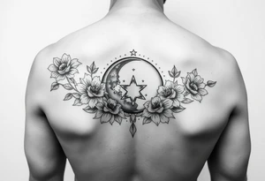 Flower sleeve surrounded by moon and star design for arm tattoo idea