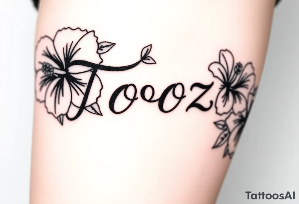 Tooz in cursive surrounded by large hibiscus flowers tattoo idea