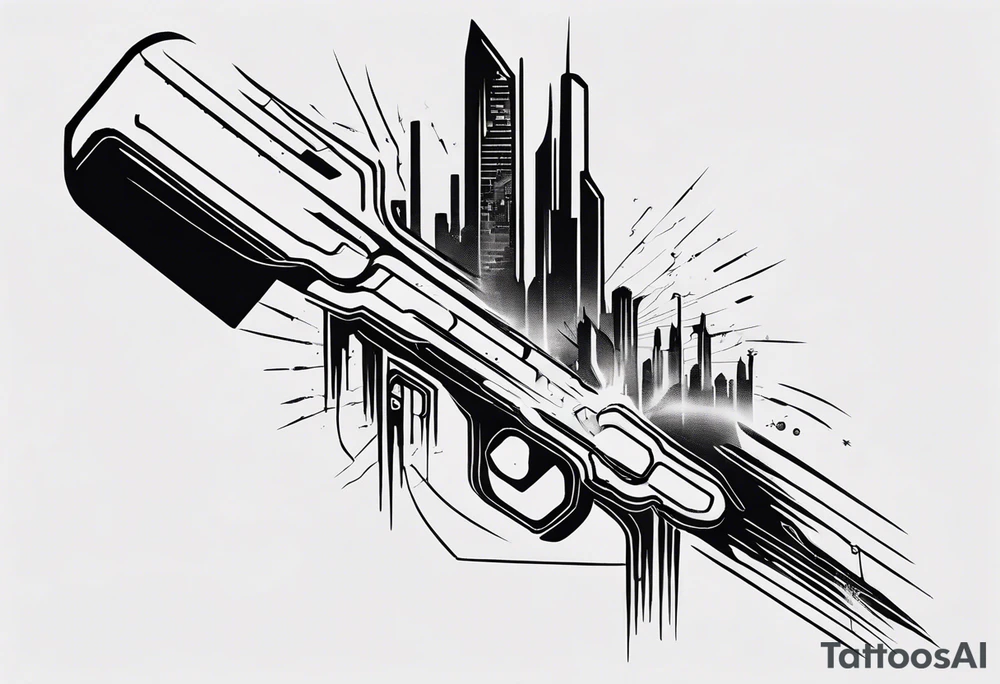 minimalist cyberpunk upper arm design from the shoulder that depicts heaven and hell as a city scape 
with neuron projecting downwards. tattoo idea