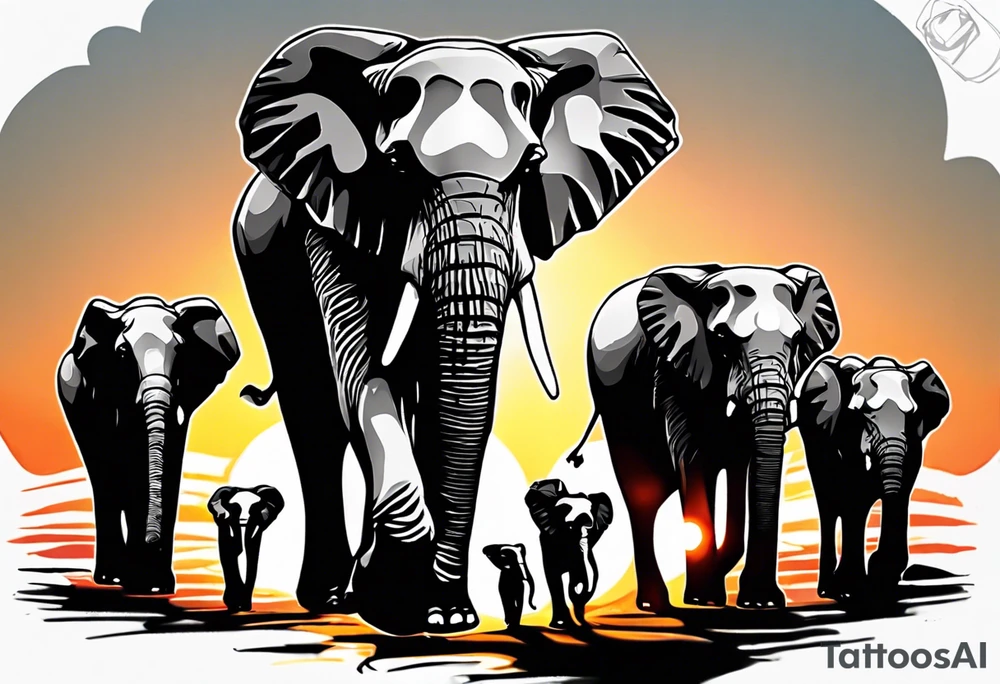 family of 6 elephants walking into sunset tattoo idea