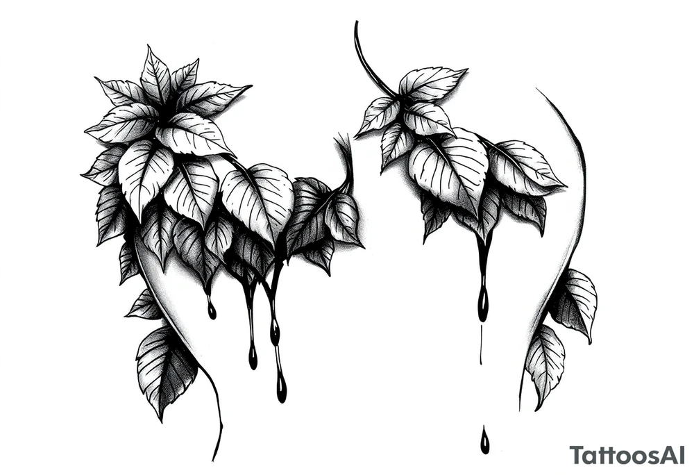 big breasts covered with leaves dripping with ink, tattoo idea