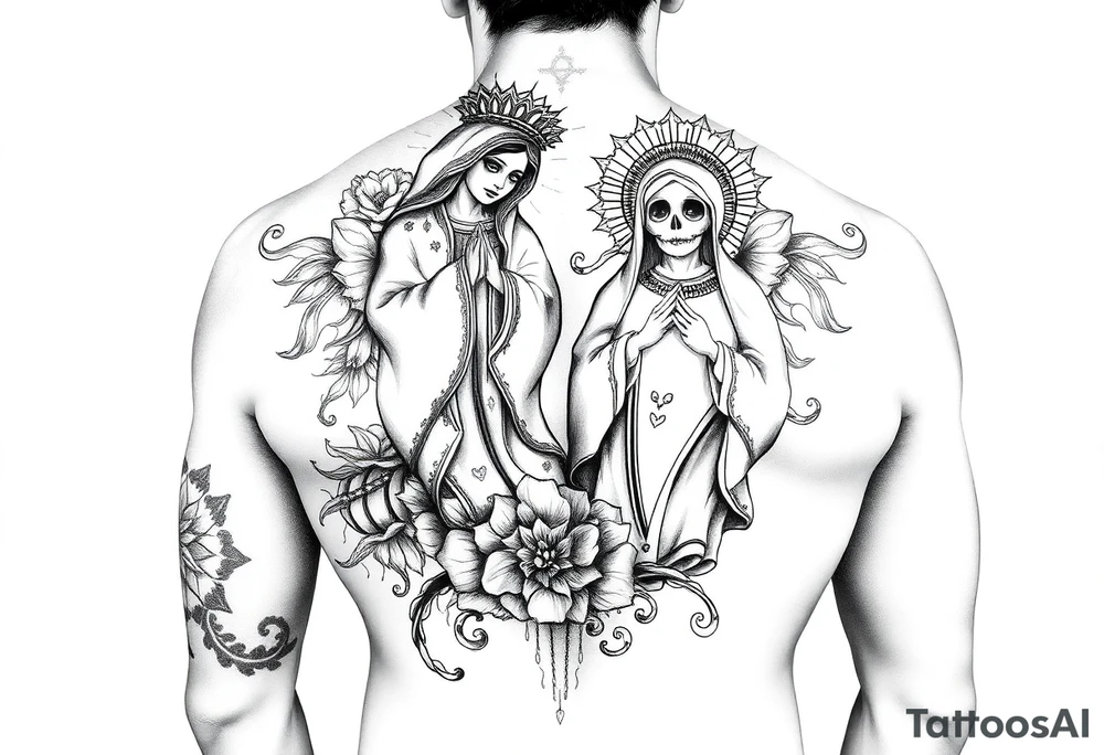 “SOUTHEND” upper back from shoulder blade to shoulder blade with mexican theme Guadalupe and Santa Muerte tattoo idea