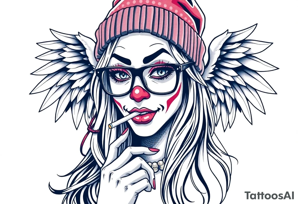 beautiful long hair Clown Girl thug beanie eyeglasses angel wings smoking cigarette tattoo idea