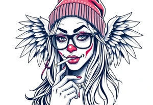 beautiful long hair Clown Girl thug beanie eyeglasses angel wings smoking cigarette tattoo idea