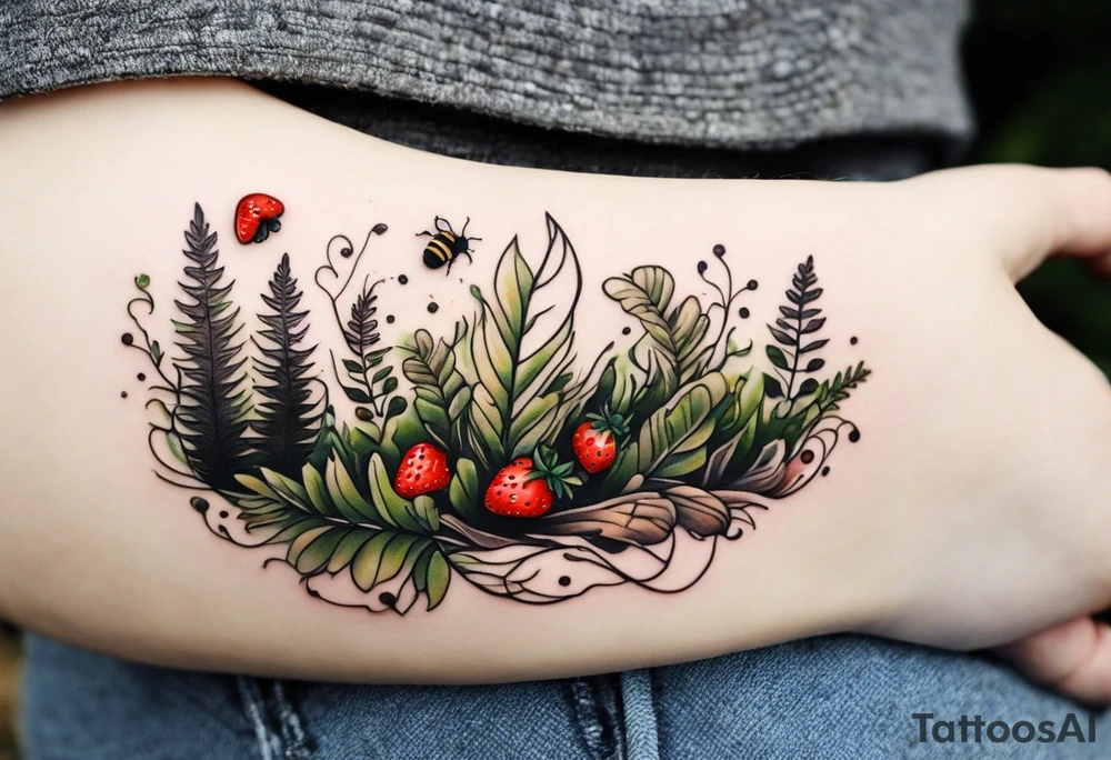 forest floor inspired minimalist tattoo, which includes grass, curly ferns and dead leaves as the bulk of the tattoo. details to include: three very tiny strawberries, a tiny bumblebee flying nearby, three small brown mushrooms tattoo idea