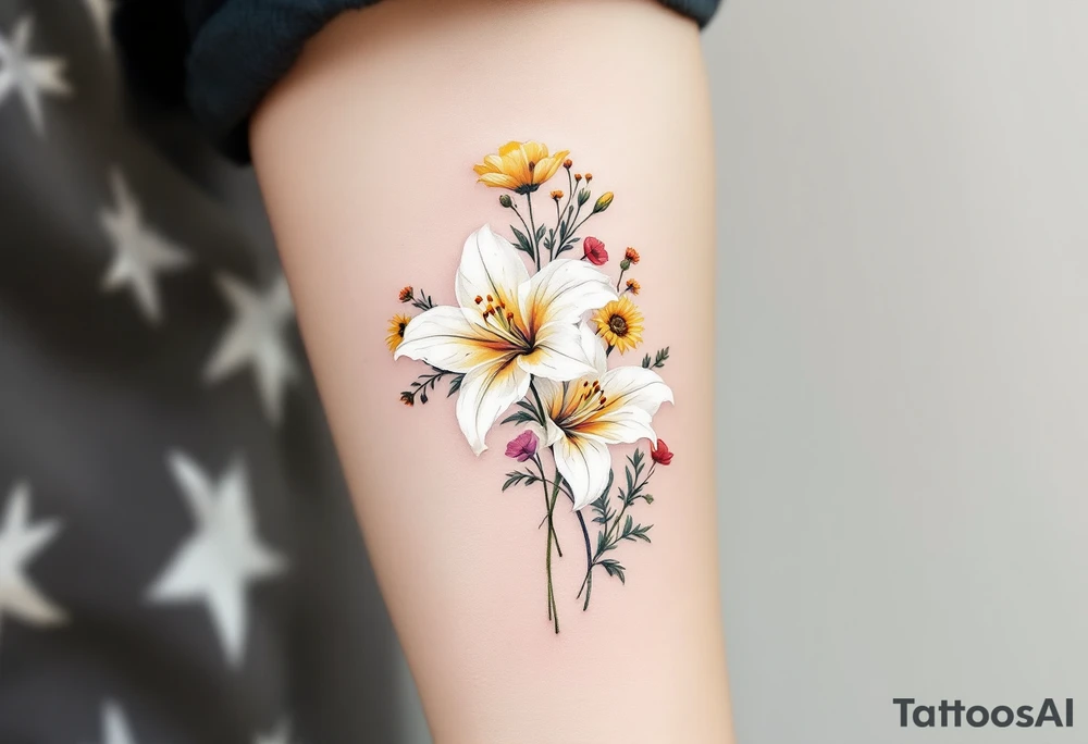 stargazer lillies in white with small sunflowers and poppies in a dainty wildflower bouquet with stems tattoo idea