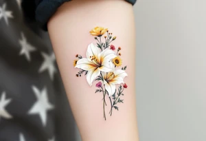 stargazer lillies in white with small sunflowers and poppies in a dainty wildflower bouquet with stems tattoo idea