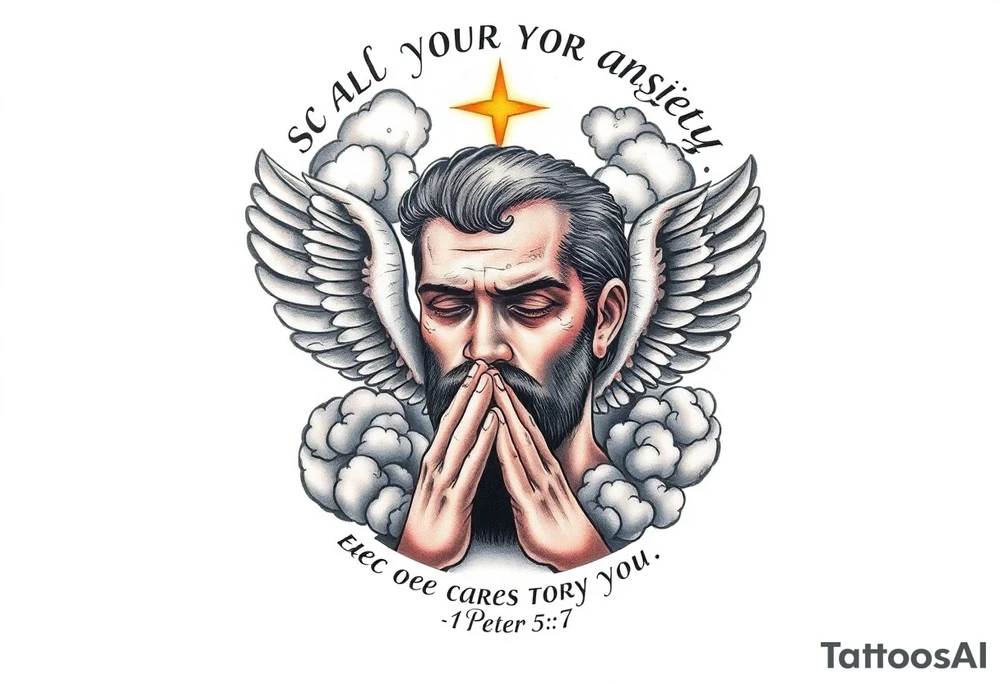 cast all your anxiety on him because he cares for you"  1 peter 5:7 surrounded with clouds and angels and praying hands tattoo idea