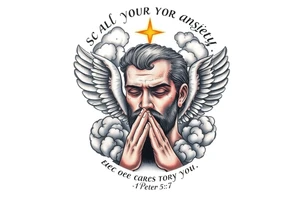 cast all your anxiety on him because he cares for you"  1 peter 5:7 surrounded with clouds and angels and praying hands tattoo idea