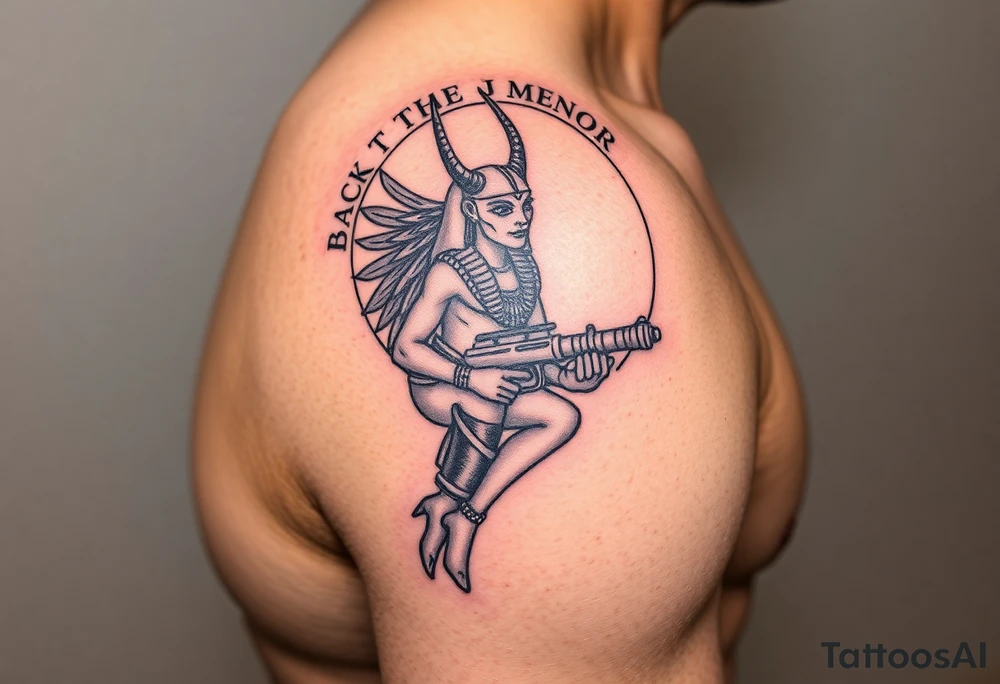 "Anubis in a ufo, holding a tommy gun. . Hieroglyph background spells 'BaCk TO THE MOON'.  

Style: Art Deco meets cyber-Egyptian. Black/red/gold ink. Forearm sleeve." tattoo idea
