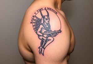 "Anubis in a ufo, holding a tommy gun. . Hieroglyph background spells 'BaCk TO THE MOON'.  

Style: Art Deco meets cyber-Egyptian. Black/red/gold ink. Forearm sleeve." tattoo idea