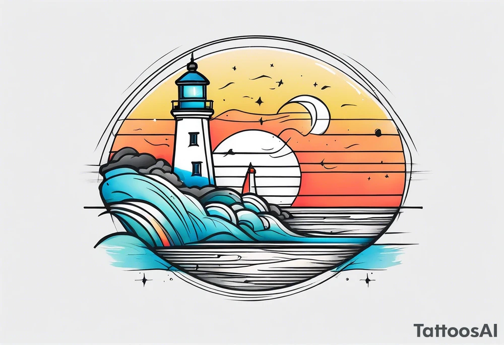 lighthouse fine line colorful tattoo idea