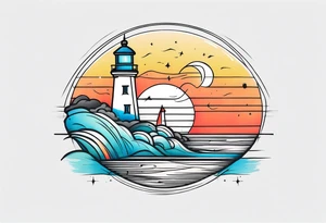 lighthouse fine line colorful tattoo idea