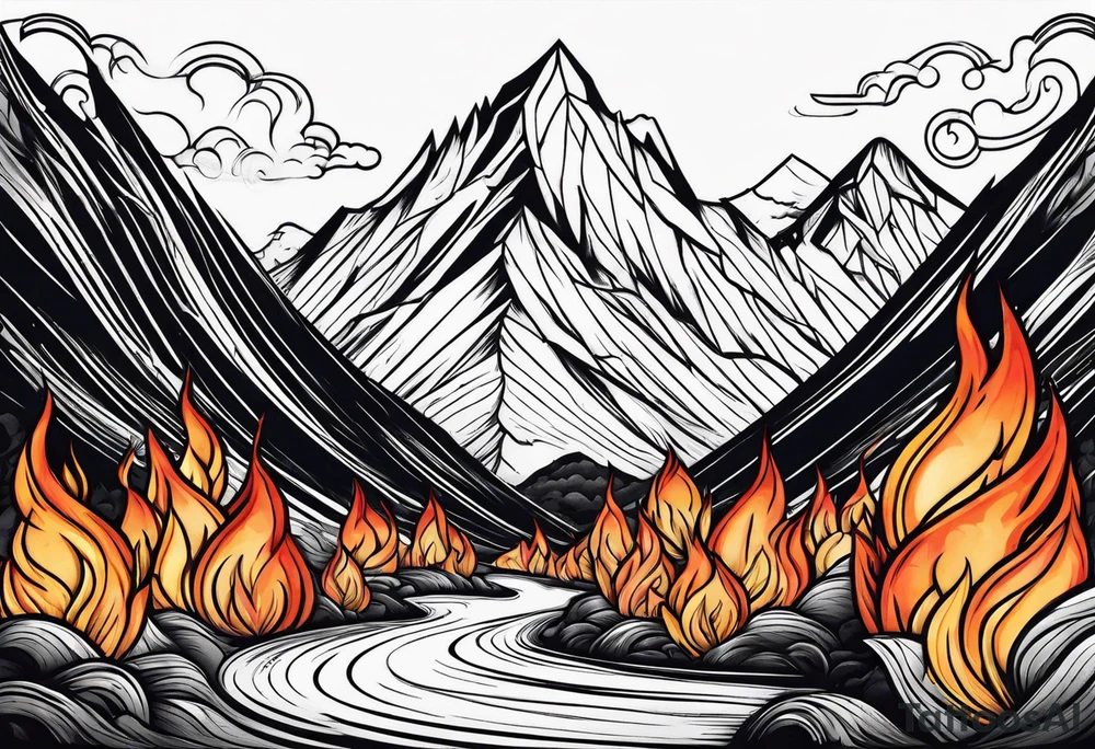 Strong mountain with a flame tattoo idea