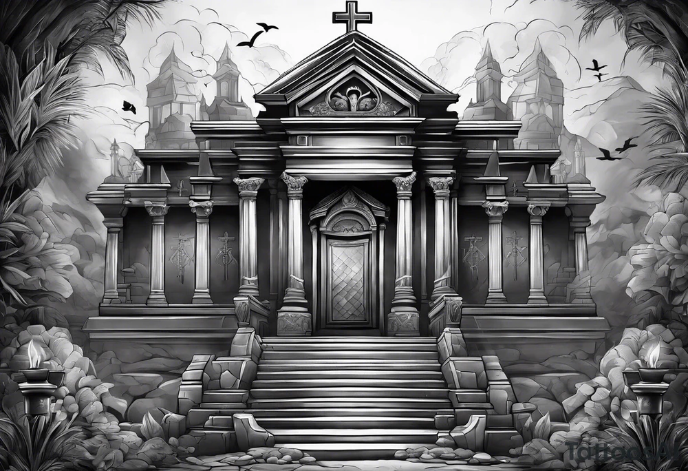 Tomb with smoke and crosses tattoo idea