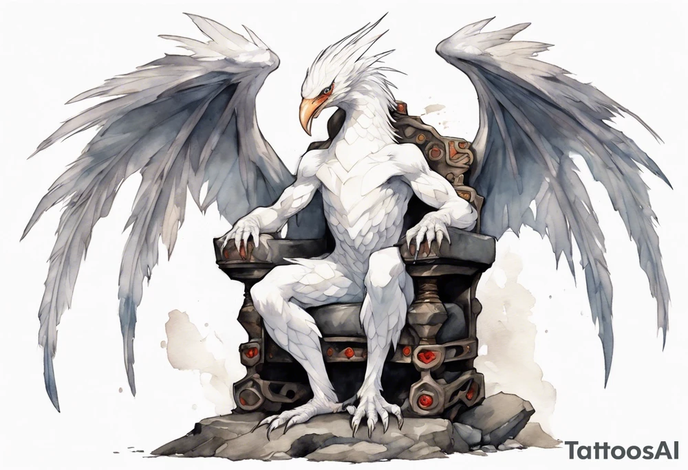 a white bird-wyvern hybrid wearing a plain iron band around leg, perched on a stone throne tattoo idea