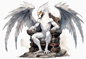 a white bird-wyvern hybrid wearing a plain iron band around leg, perched on a stone throne tattoo idea