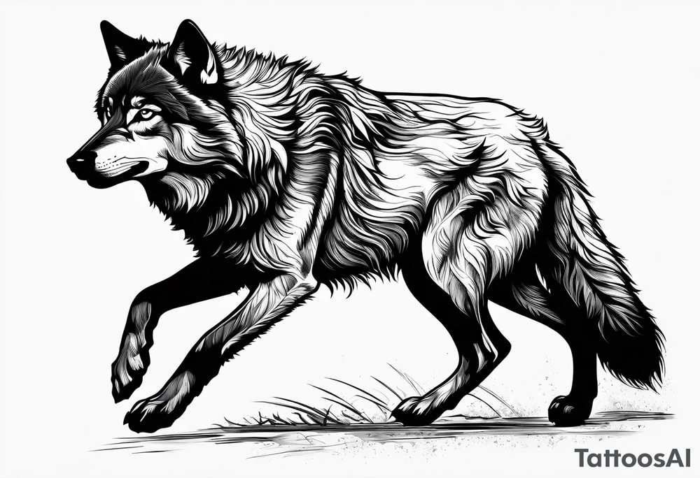 strength, small, running young wolf, elegant, sun, lenghty tattoo idea