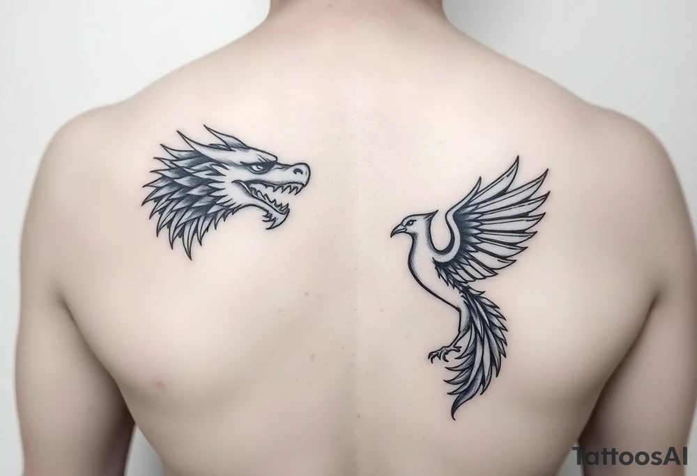 Dragons head at the top left of the chest with a phoenix below to the right, facing each other tattoo idea