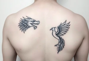 Dragons head at the top left of the chest with a phoenix below to the right, facing each other tattoo idea