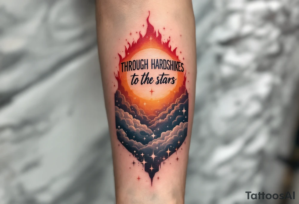 Inked in a burning gradient from red to orange, the quote “Through hardships to the stars” rises over storm clouds into twinkling silver stars. tattoo idea