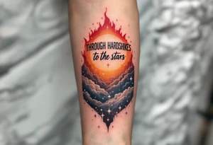 Inked in a burning gradient from red to orange, the quote “Through hardships to the stars” rises over storm clouds into twinkling silver stars. tattoo idea