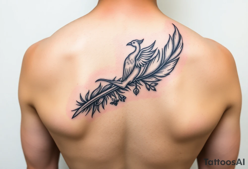 A fine-line feather as the main form with a phoenix rising subtly from the feather’s tail, flowing upward. An ECG heartbeat line integrated naturally into the feather’s spine. within the feather Embedded tiny symbols: A ballet pointe shoe with ribbon, A paper crane, A heart with a musical note , a worker bee and a black swan. 
Mainly back fine line with Soft watercolour accents in blush pink, sage green, with gentle golden or teal touches tattoo idea